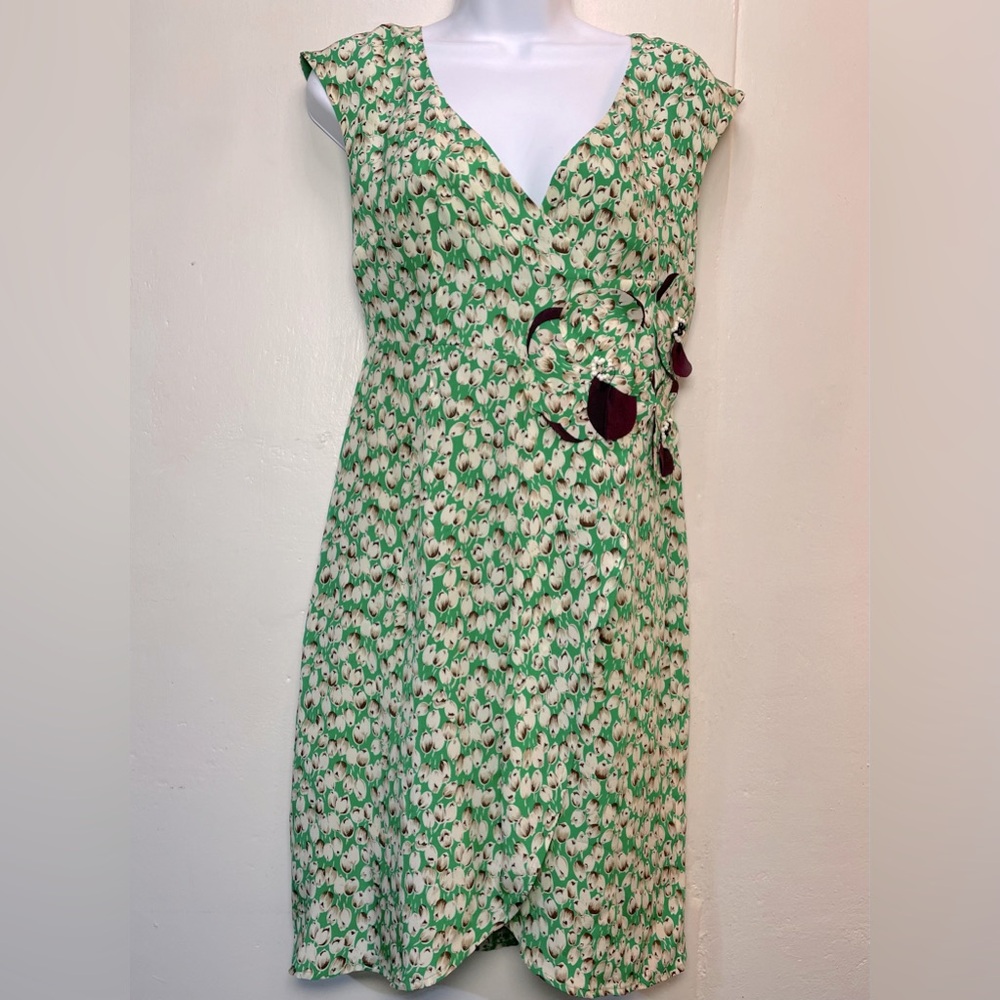 #0117 Moulinette Soeurs Silk Kelly Green Summer Dress w/ Plum Appliqué Accents-2